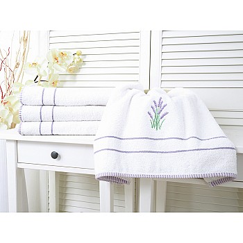 Bombažna brisača z vezenino 50x90 Lavanda - Bela