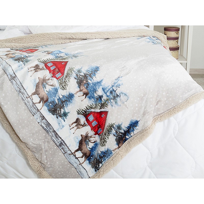 Krznena odeja Darilni paket 150x200 - Zasnežene hišice z jeleni